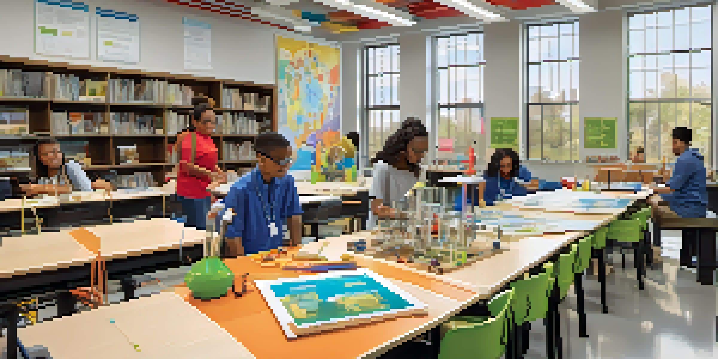 A diverse group of students working together on a robotics project in a bright, well-lit classroom.