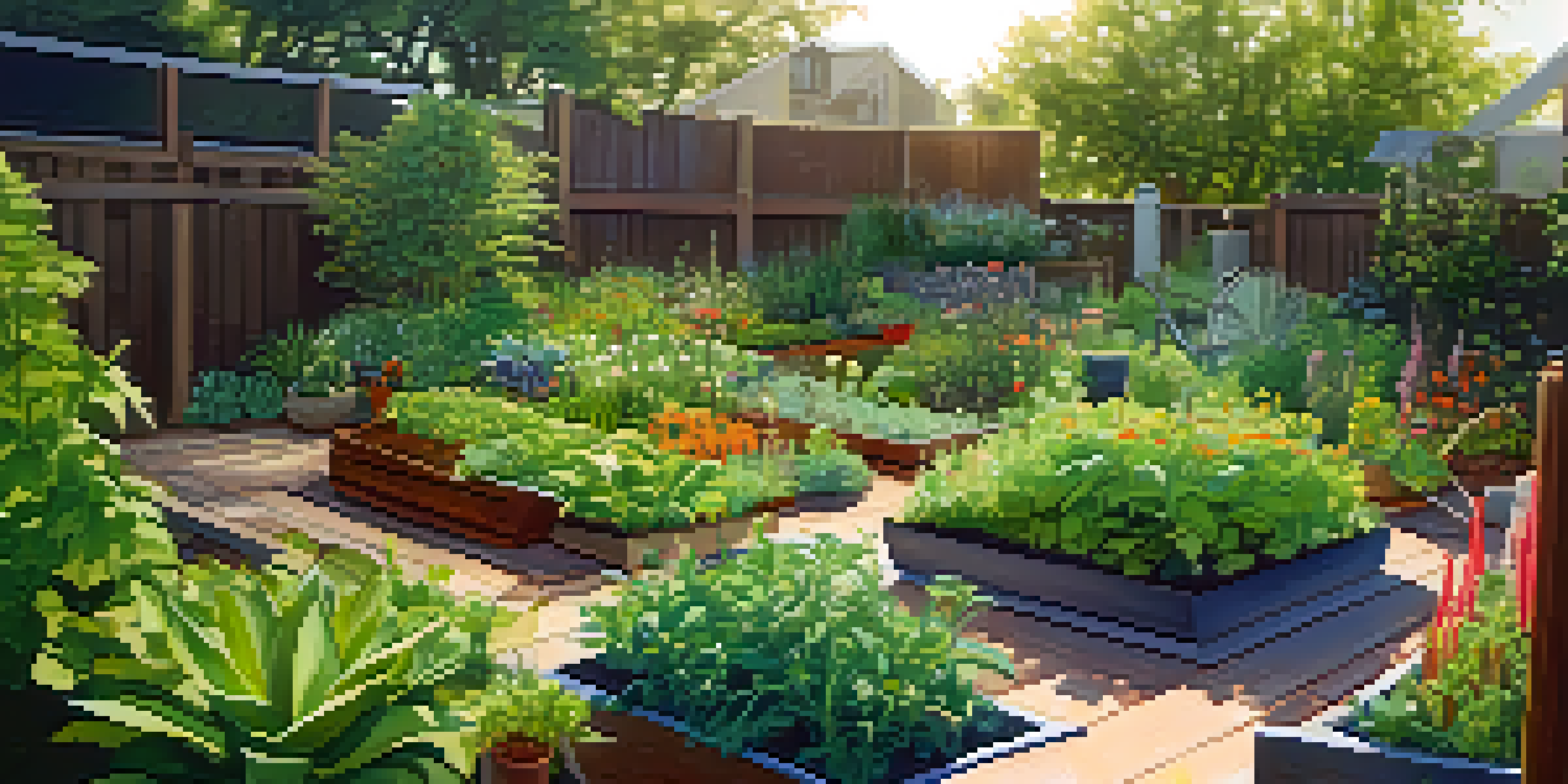 A close-up of a permaculture garden with diverse plants and sustainable practices visible in an urban setting.