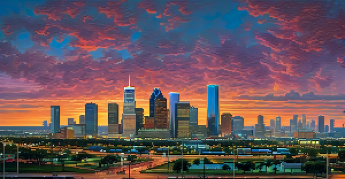 A sunset view of Houston's skyline with modern skyscrapers and oil rigs, depicting a busy city life.