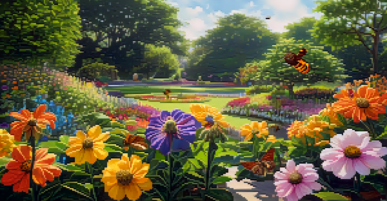 A close-up of a blooming flower garden in Houston, filled with various pollinators like bees and butterflies, surrounded by lush greenery.