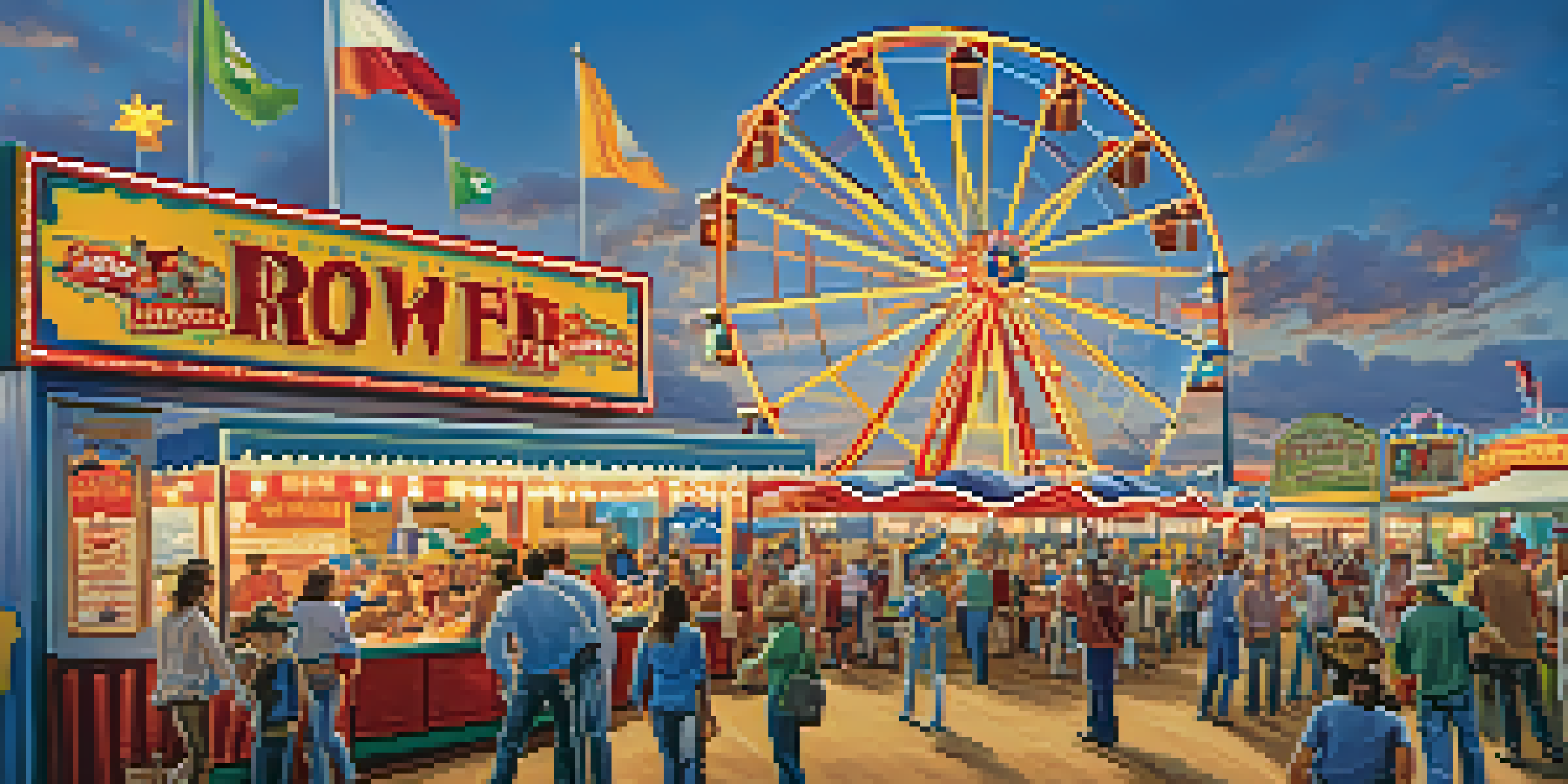 A lively scene at the Houston Livestock Show and Rodeo, showcasing families enjoying carnival rides and cowboys competing in the rodeo arena under a clear blue sky.