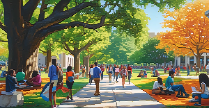 A lively university campus in Houston with diverse students studying under oak trees, colorful banners, and modern buildings.