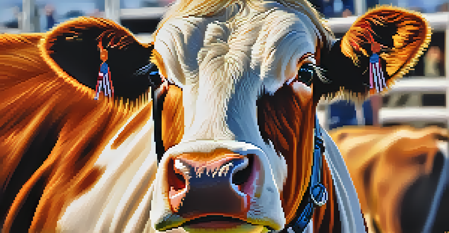 A close-up of a proud prize-winning steer at the Houston Livestock Show and Rodeo, with young ranchers smiling beside it.