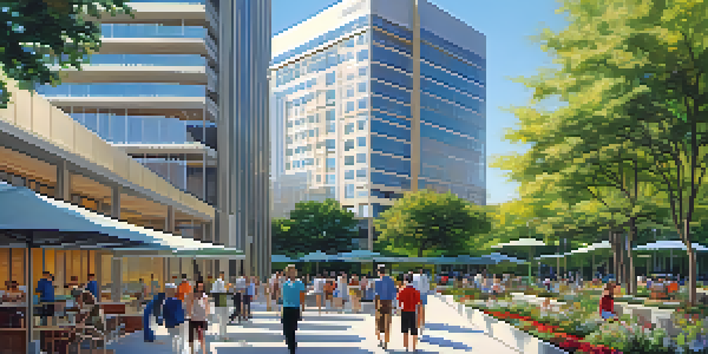 A lively view of the Texas Medical Center in Houston, featuring modern buildings and people interacting in a green outdoor area.