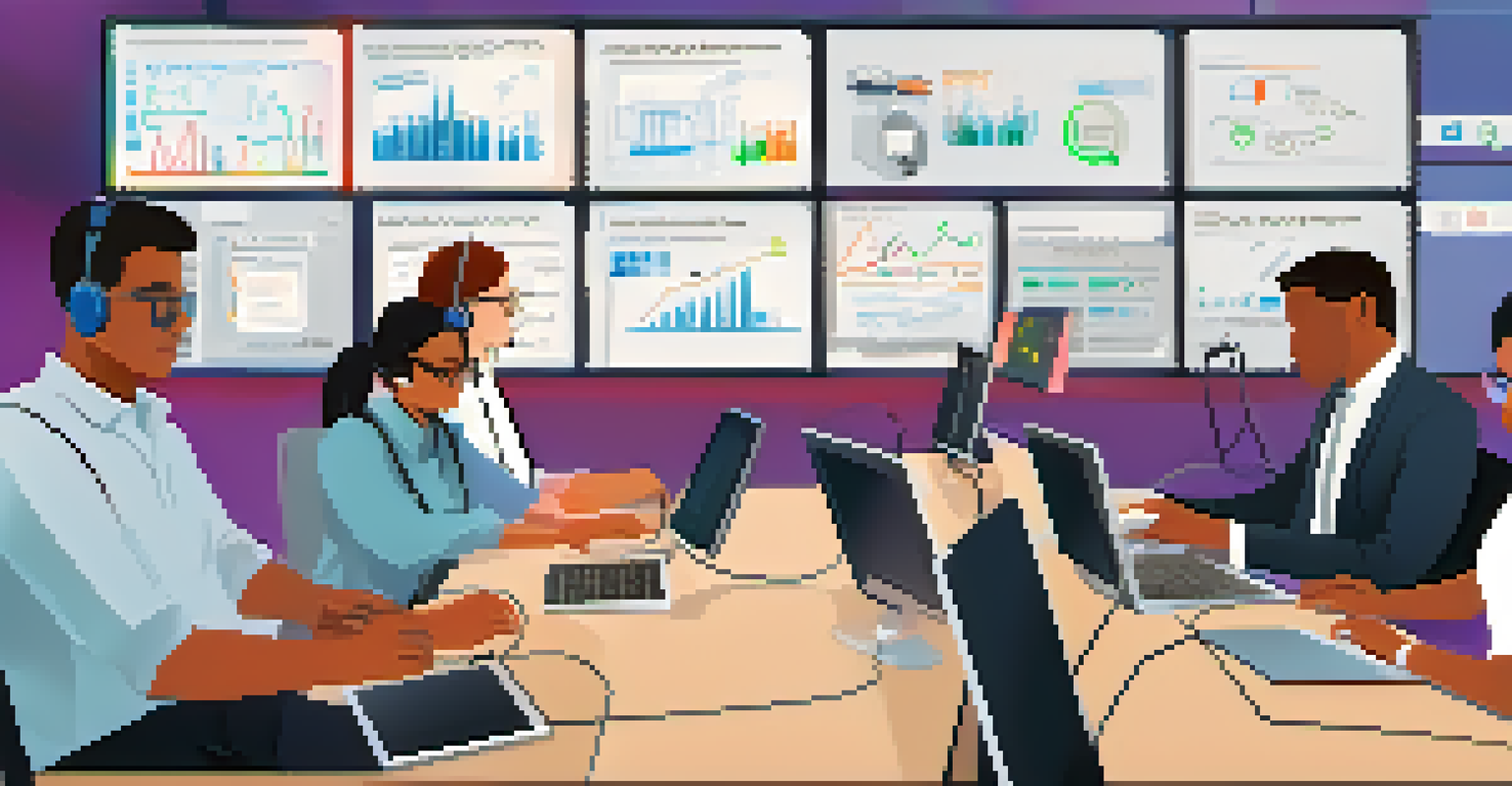 A digital device showing cybersecurity software with employees engaged in a training session in the background.