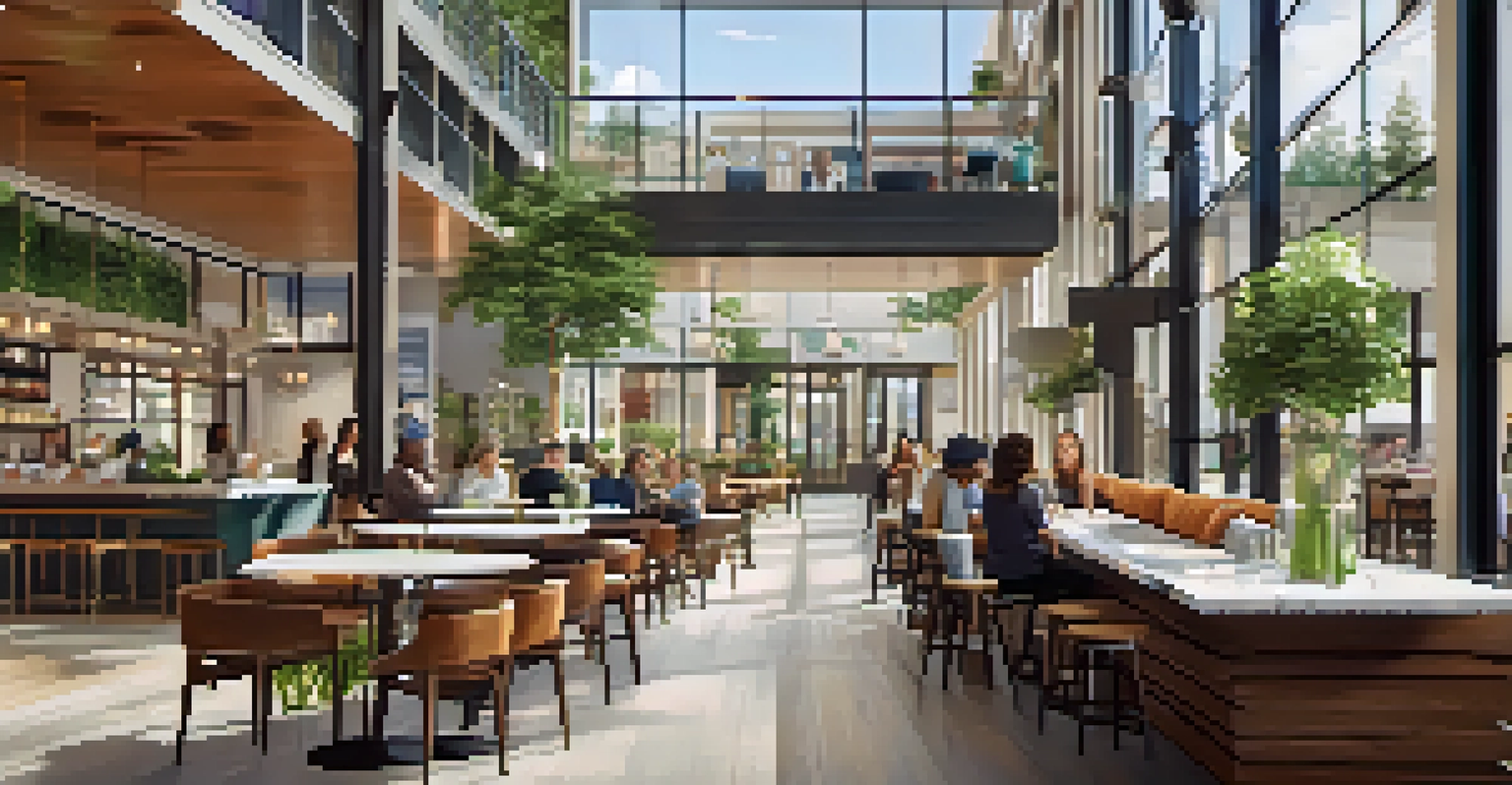 A modern mixed-use development interior with people enjoying various spaces.