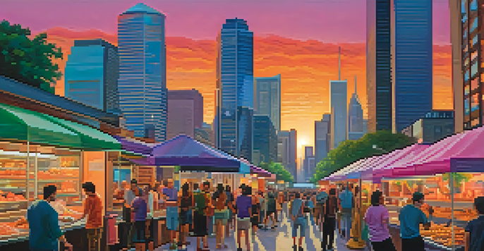 A vibrant sunset view of Houston's skyline with skyscrapers, a diverse crowd, and food trucks.