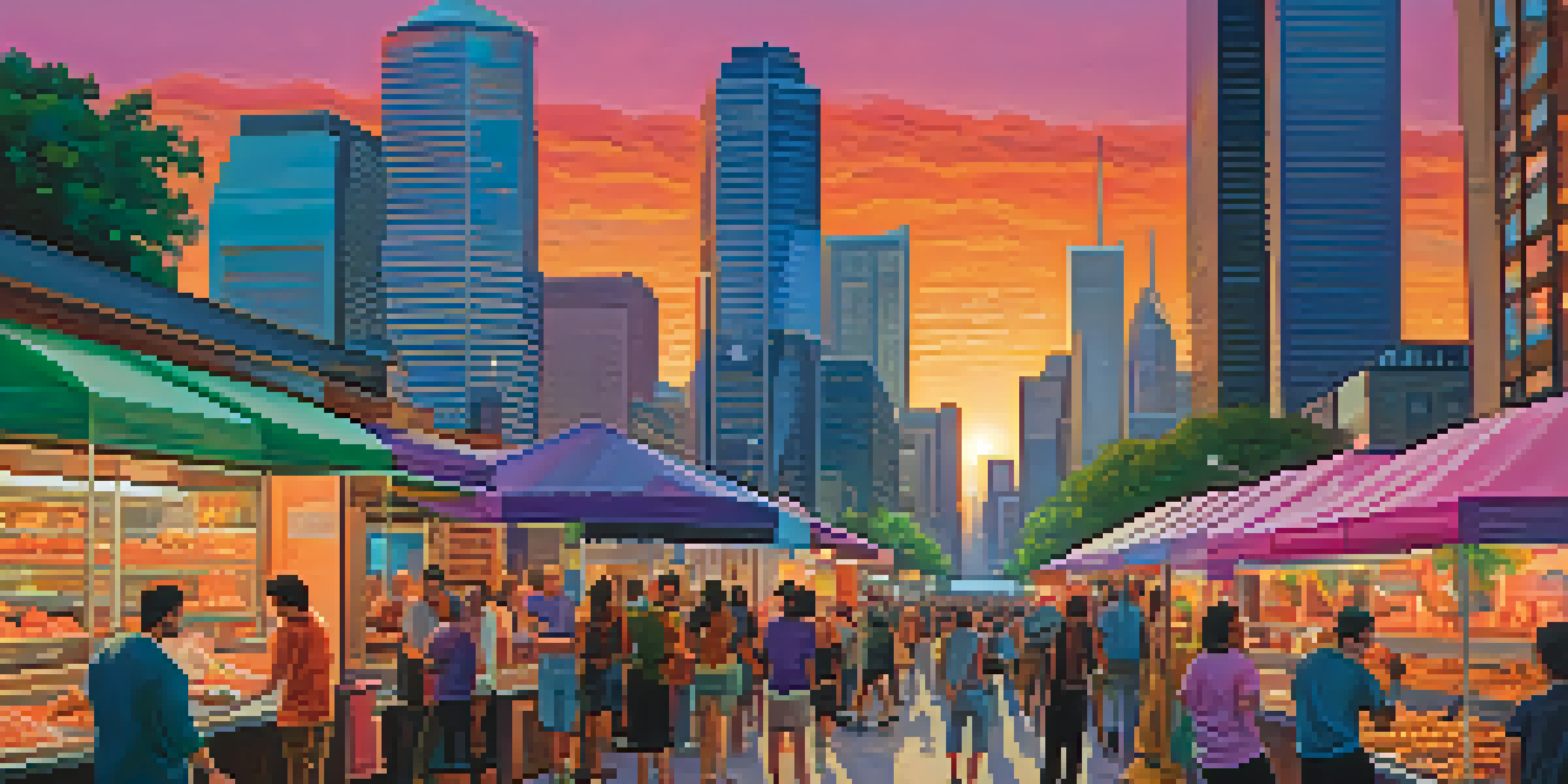 A vibrant sunset view of Houston's skyline with skyscrapers, a diverse crowd, and food trucks.