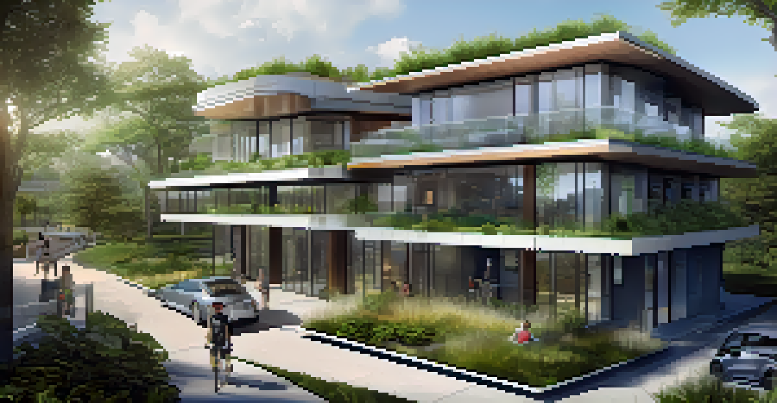 A modern eco-friendly residential building in Houston with solar panels and green roofs, surrounded by greenery.