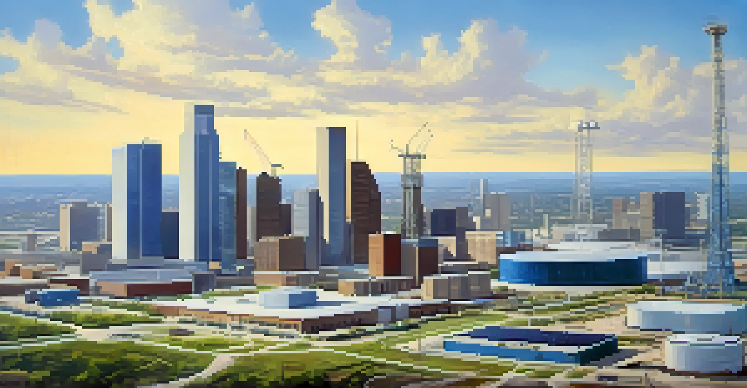 Aerial view of Houston's energy district showcasing oil rigs and renewable energy installations.