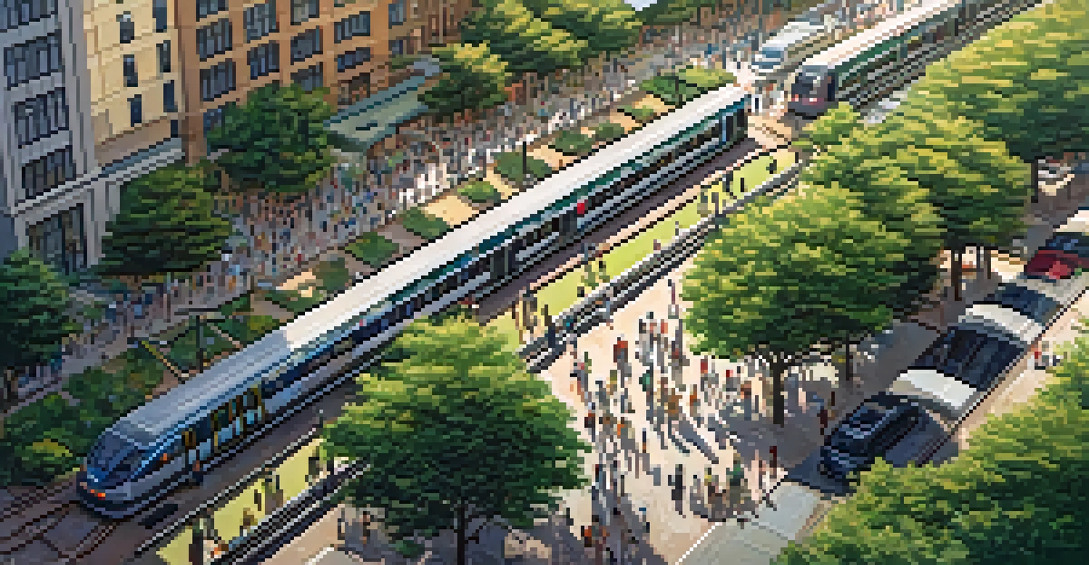 Aerial view of a light rail train in Houston with commuters at a station, surrounded by greenery and bicycles, under warm sunlight.