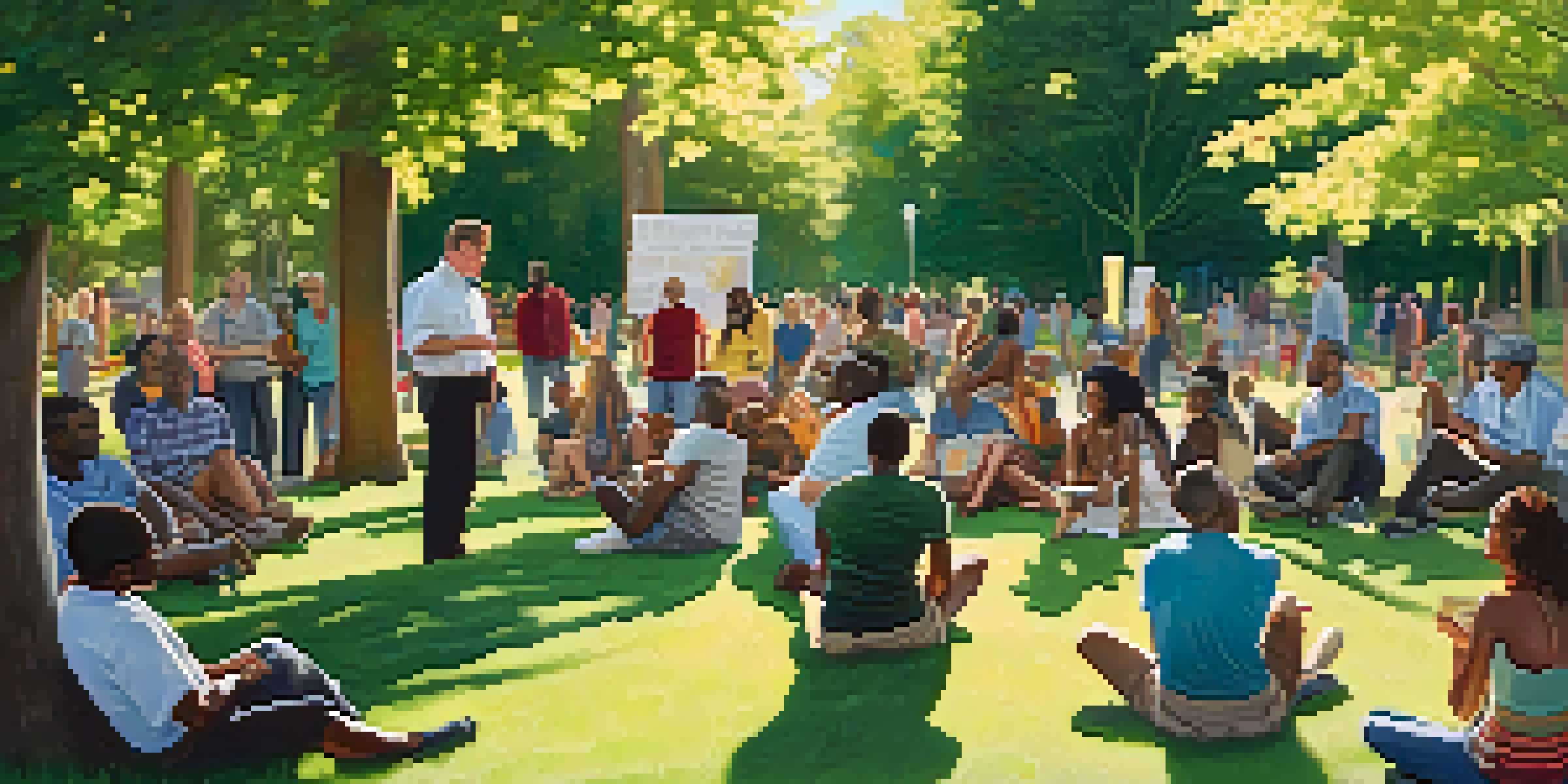A diverse group of people in a park discussing community issues, with sunlight filtering through trees and signs advocating for social change.
