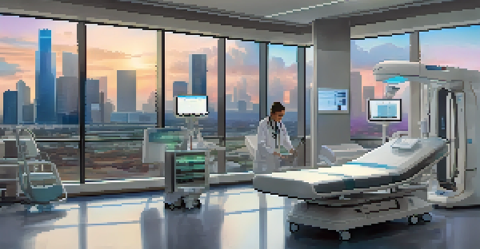 A modern hospital room showcasing advanced AI technology with a doctor and nurse. The room has large windows with a view of Houston's skyline.