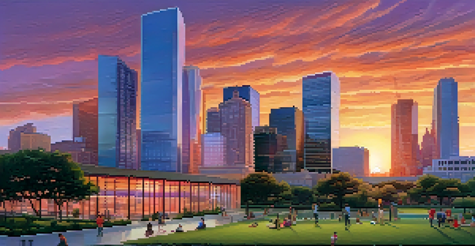 A sunset view of Houston's skyline with solar panels in a community park, showcasing a blend of modern and historic architecture.