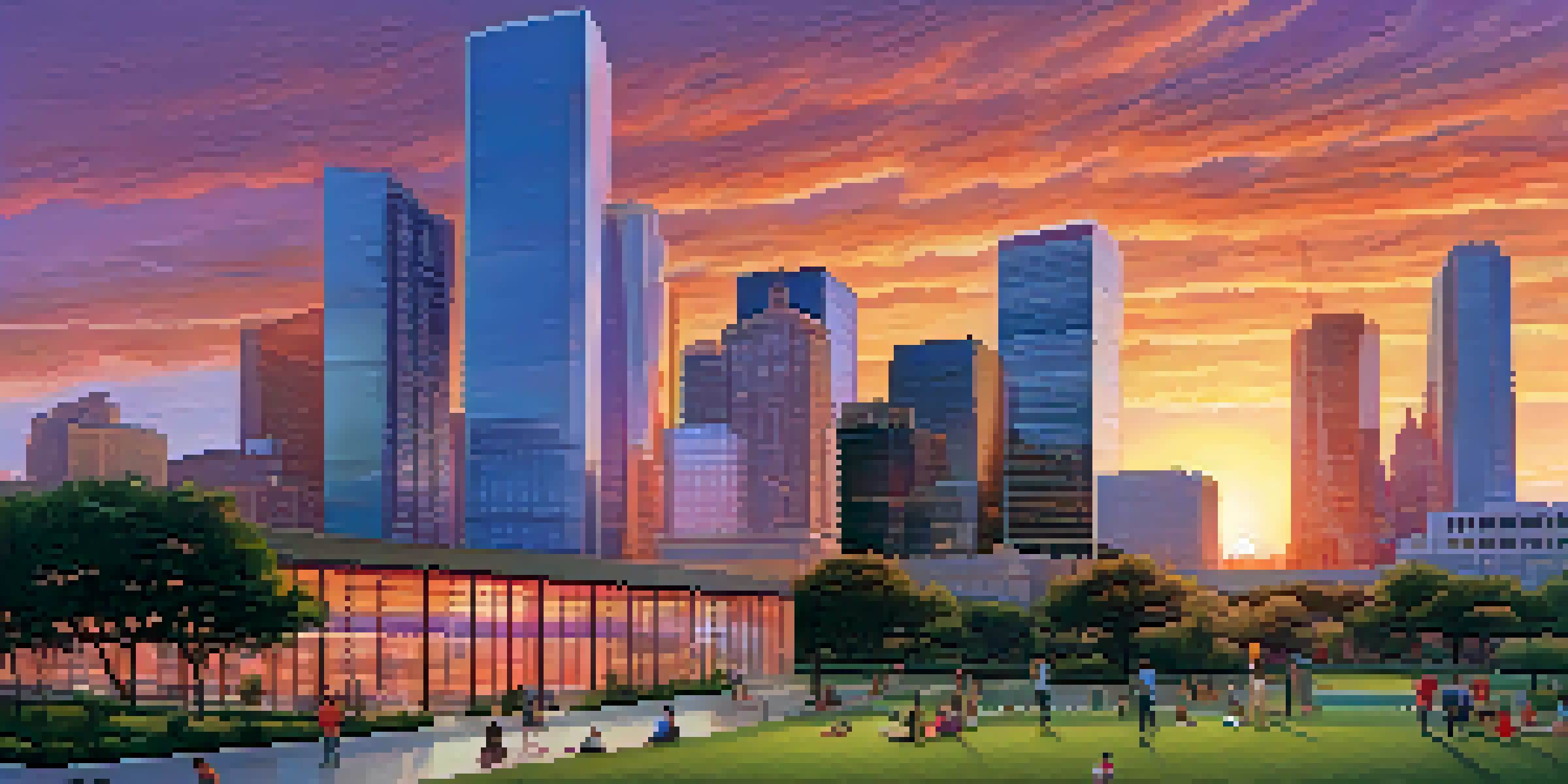 A sunset view of Houston's skyline with solar panels in a community park, showcasing a blend of modern and historic architecture.