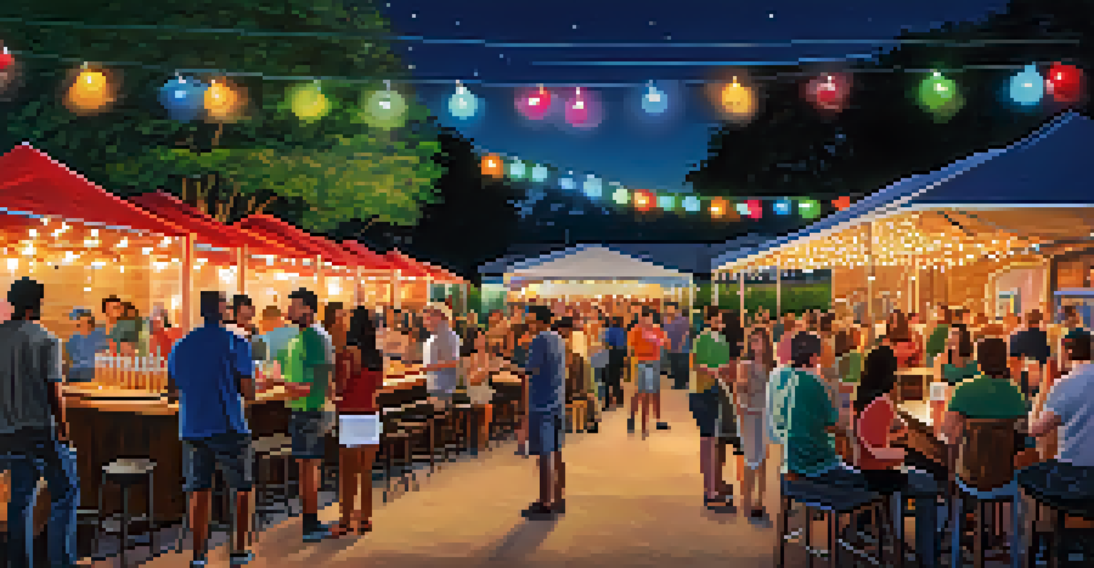 An outdoor brewery event in Houston with people enjoying craft beer and food trucks, while local musicians perform under colorful string lights.