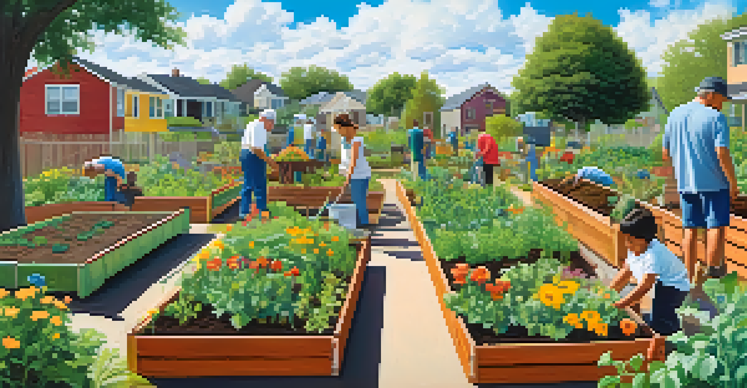 A community garden where people are planting and gardening together, showcasing a cooperative neighborhood effort.