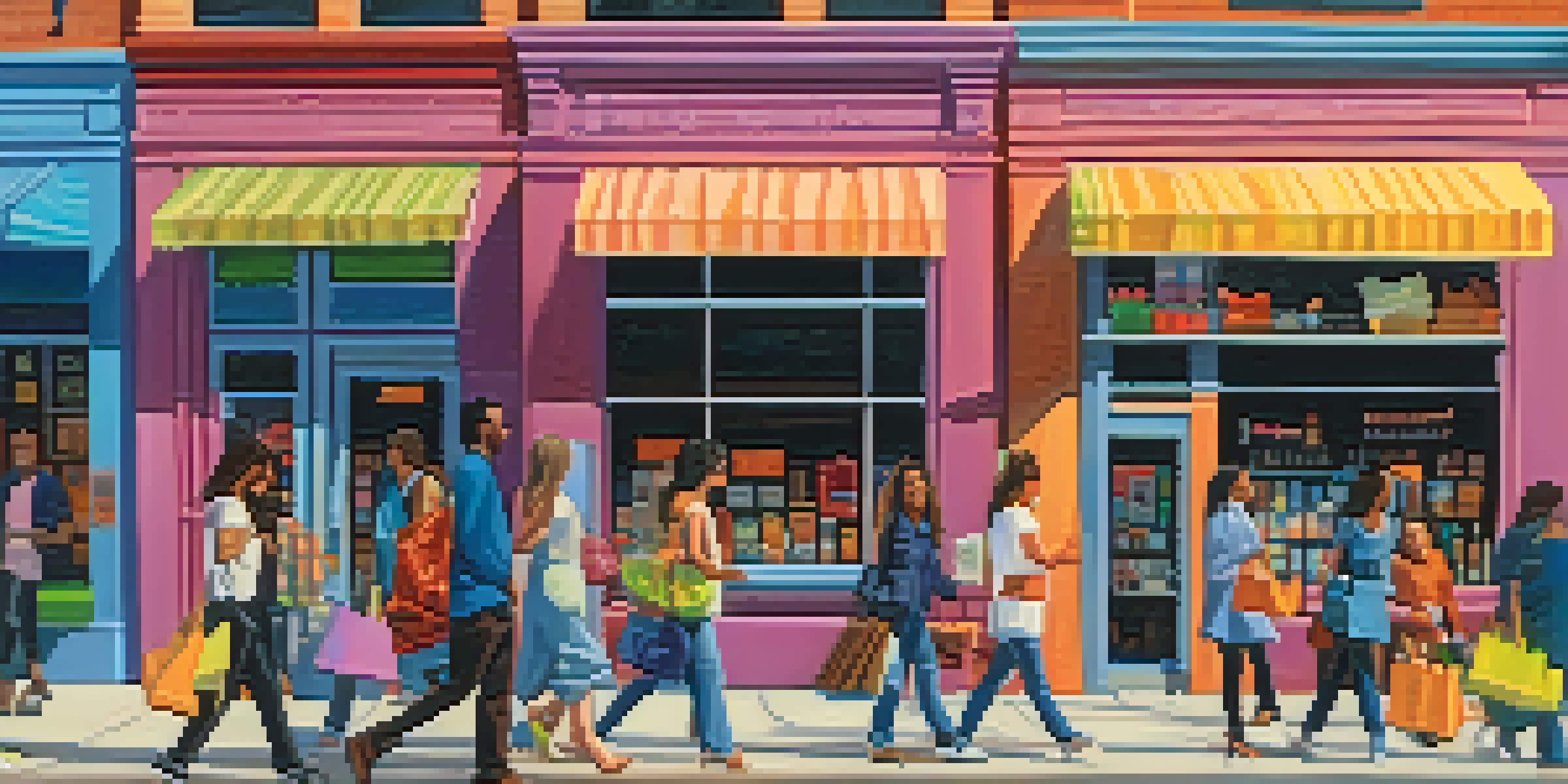 A lively Houston street filled with shoppers and colorful retail shops under a clear blue sky.