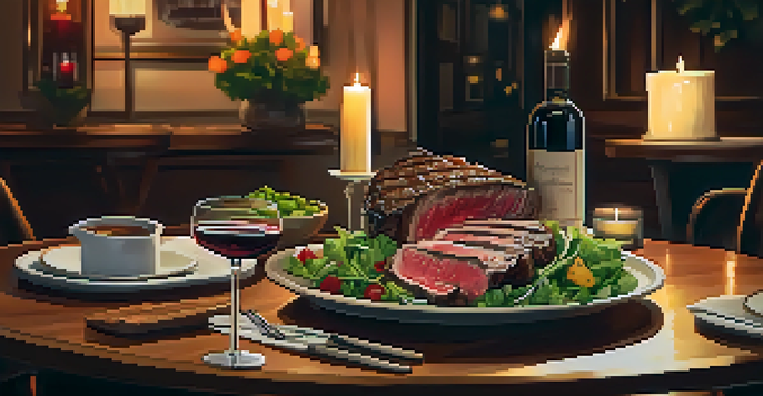 A dining table set with grilled ribeye, summer salad, and a bottle of Malbec wine, surrounded by soft candlelight in a cozy restaurant.