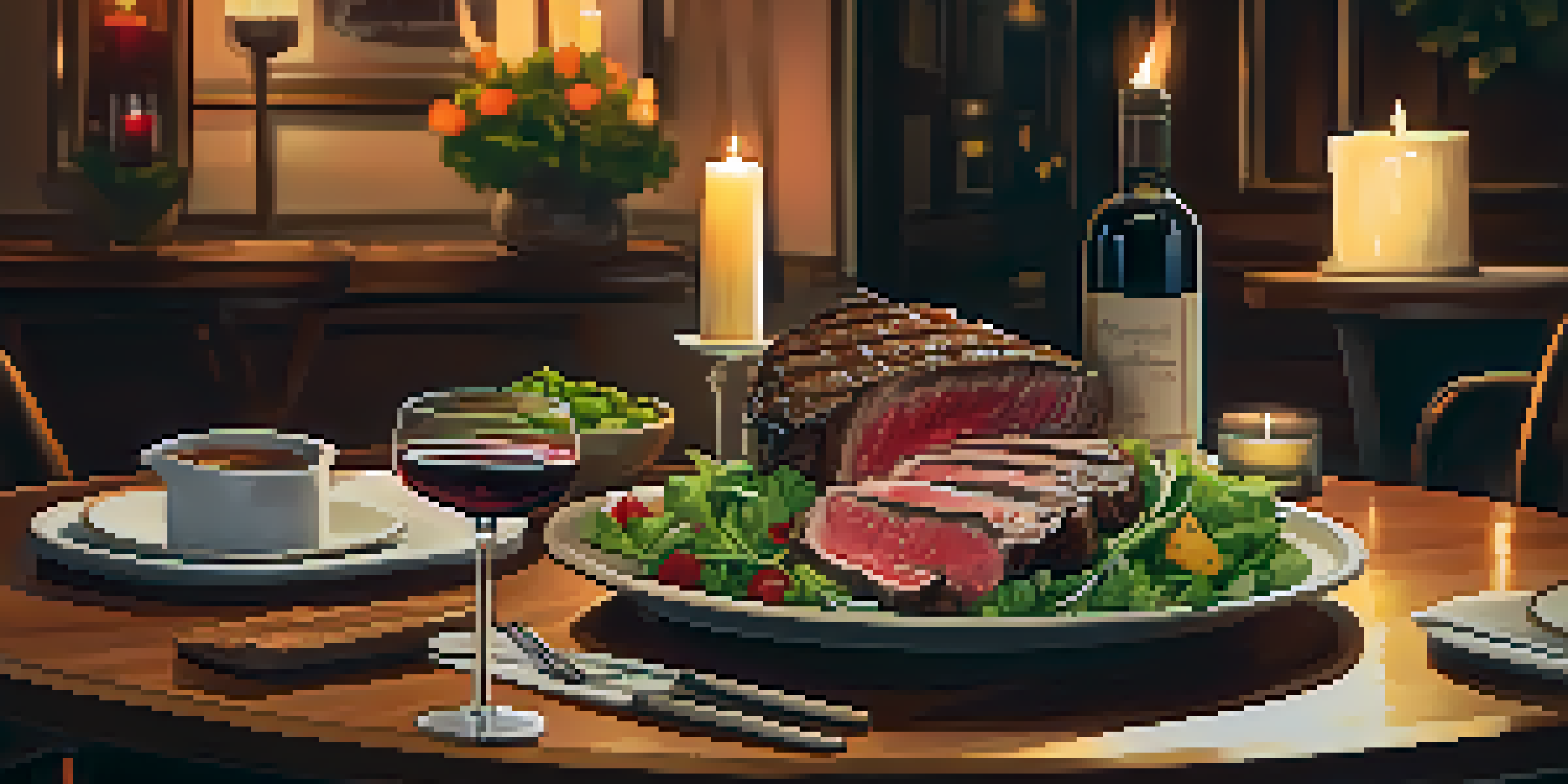 A dining table set with grilled ribeye, summer salad, and a bottle of Malbec wine, surrounded by soft candlelight in a cozy restaurant.