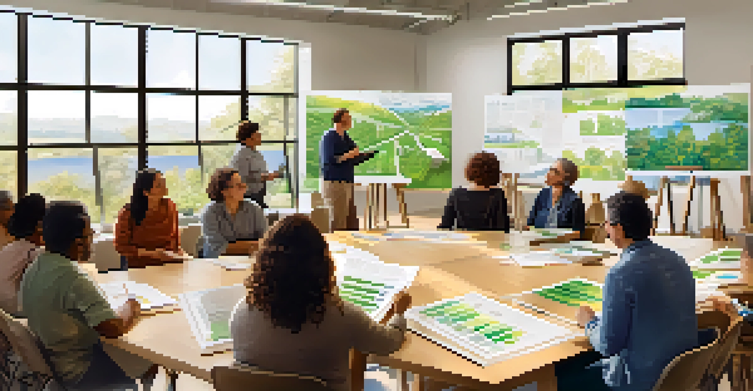 A community workshop on sustainability with attendees discussing energy conservation in a bright open space.