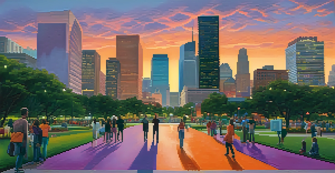 A vibrant sunset over Houston's cityscape, with modern skyscrapers and historical buildings, and people walking in a park.