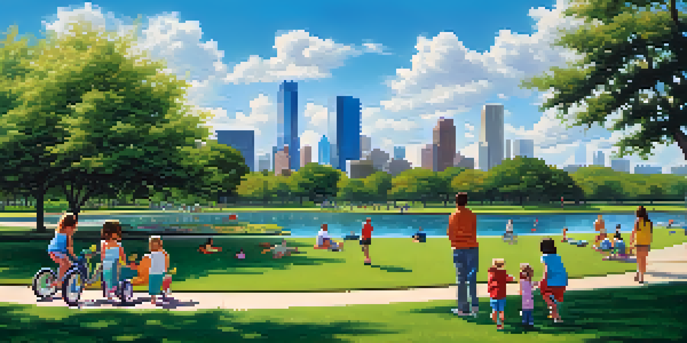 A lively park in Houston with families, children playing, and a tranquil pond in the background.
