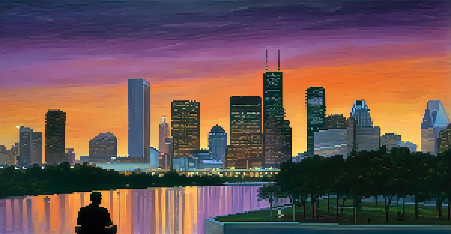 Houston skyline at dusk with a person silhouette listening to a podcast on a smartphone, showcasing the vibrant city lights and a colorful sky.