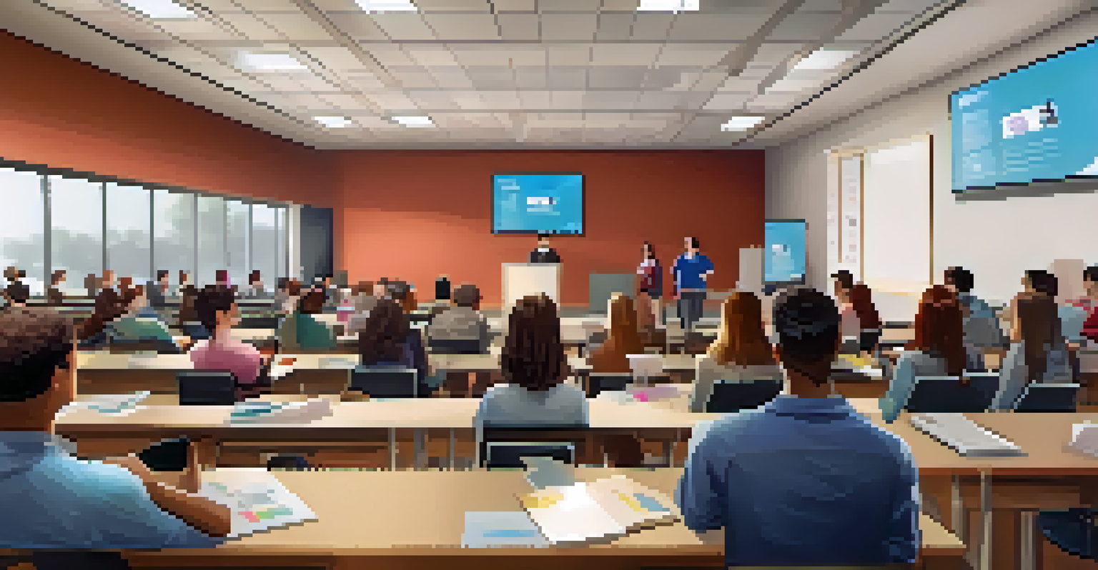 A modern lecture hall with students using laptops and engaging in discussions, showcasing a flipped classroom setup with interactive content.