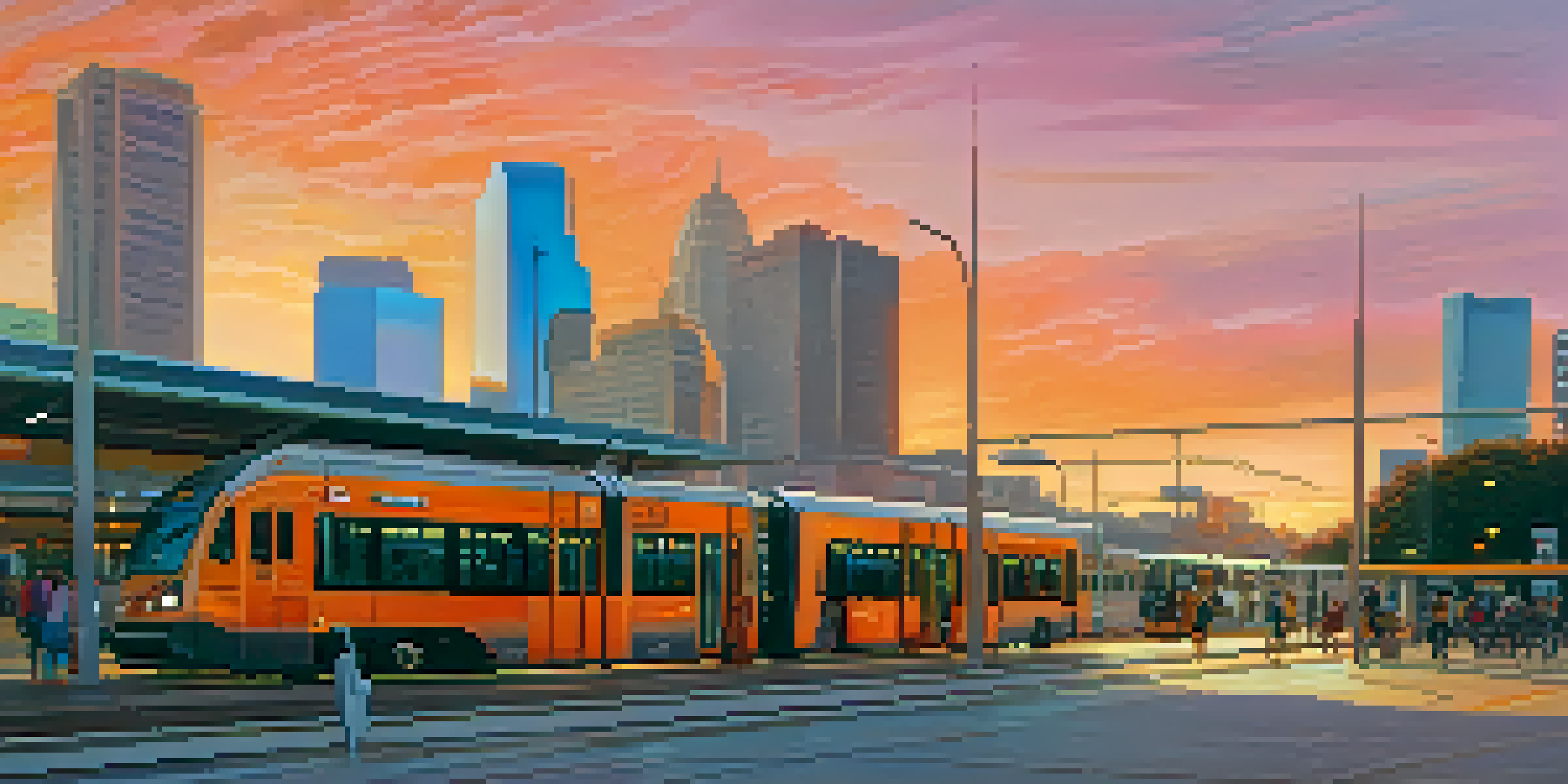 A cityscape of Houston during sunset, featuring a light rail station with commuters, modern buildings, buses, and bike-sharing stations.