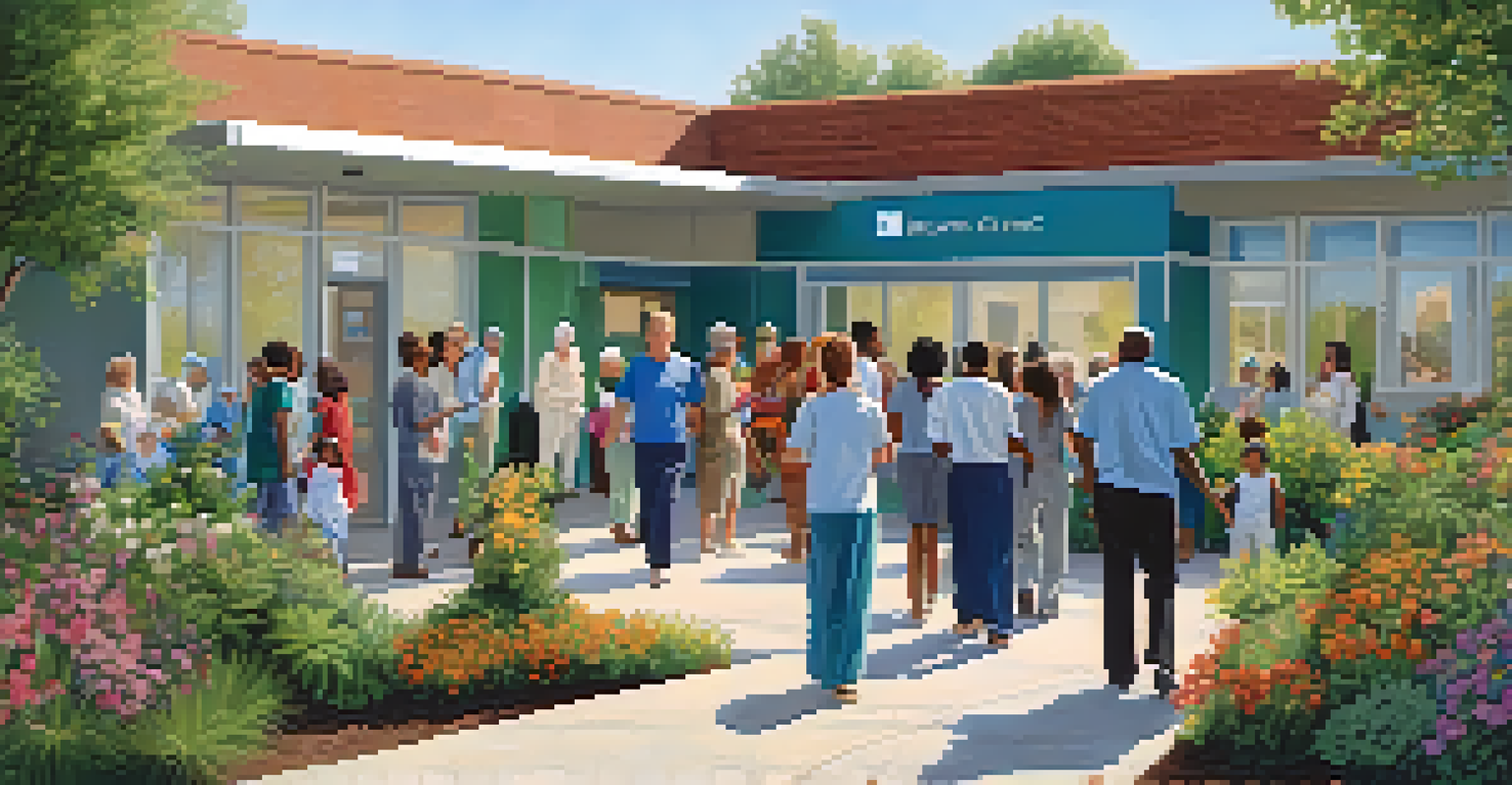A diverse group of people entering a community health clinic, set in a modern building surrounded by greenery and flowers under a blue sky.