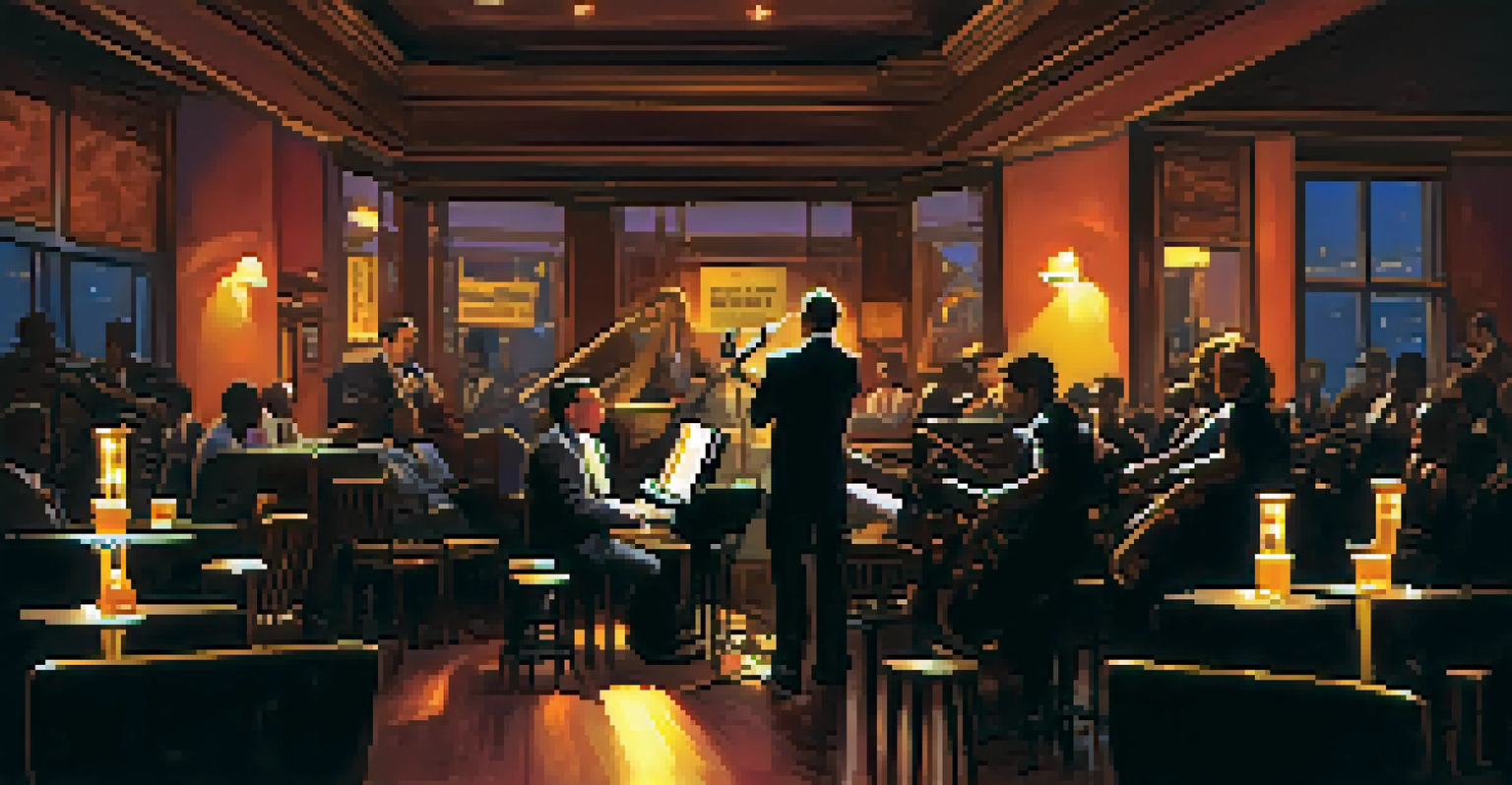 A cozy jazz club in Houston with a live band performing under warm lighting, creating an intimate atmosphere.