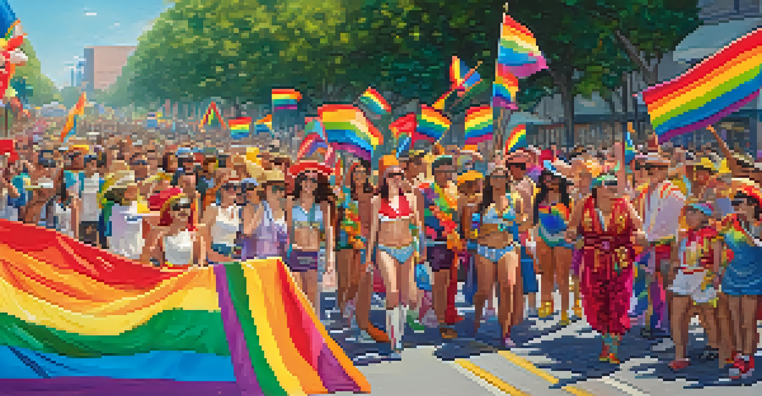 A colorful float in the Houston Pride Parade surrounded by happy participants in vibrant costumes celebrating diversity.