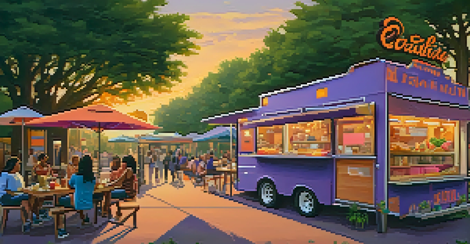 A lively food truck park in Houston at sunset, with various food trucks and people enjoying meals at picnic tables.