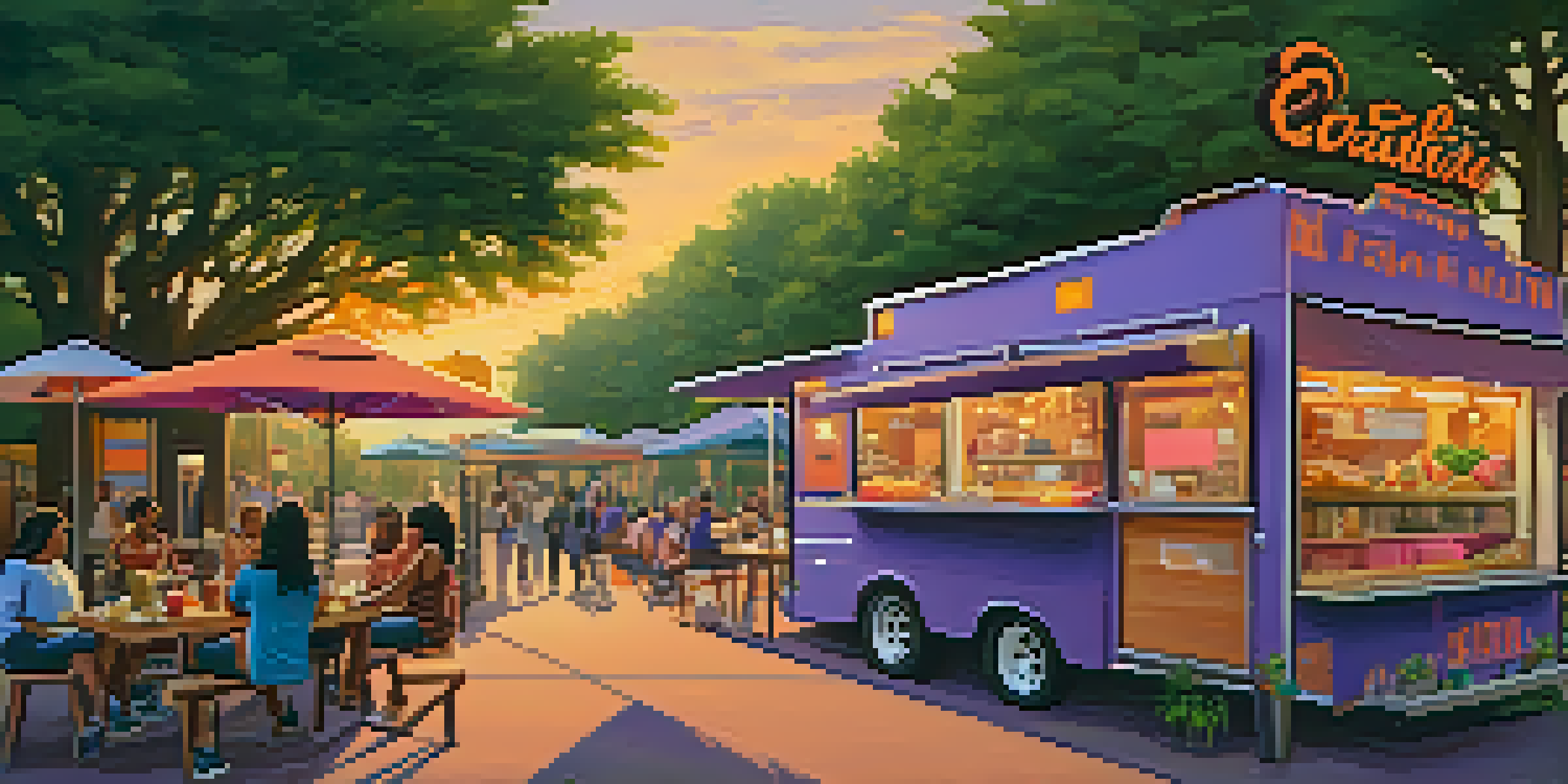 A lively food truck park in Houston at sunset, with various food trucks and people enjoying meals at picnic tables.