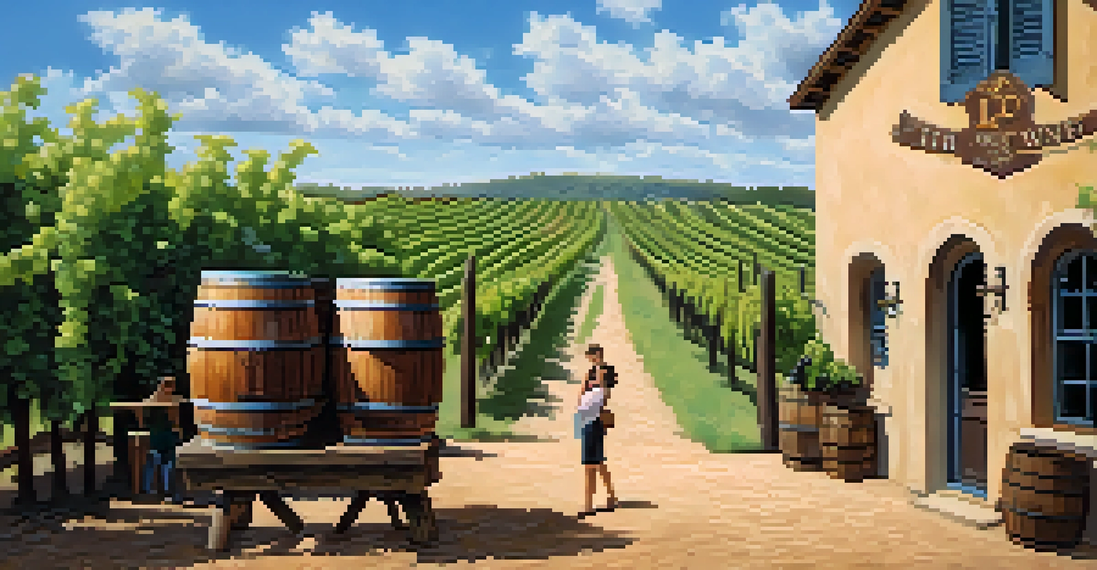 A Texas winery with lush vineyards and a couple sampling wine outdoors, featuring a wooden barrel and glasses in the foreground.