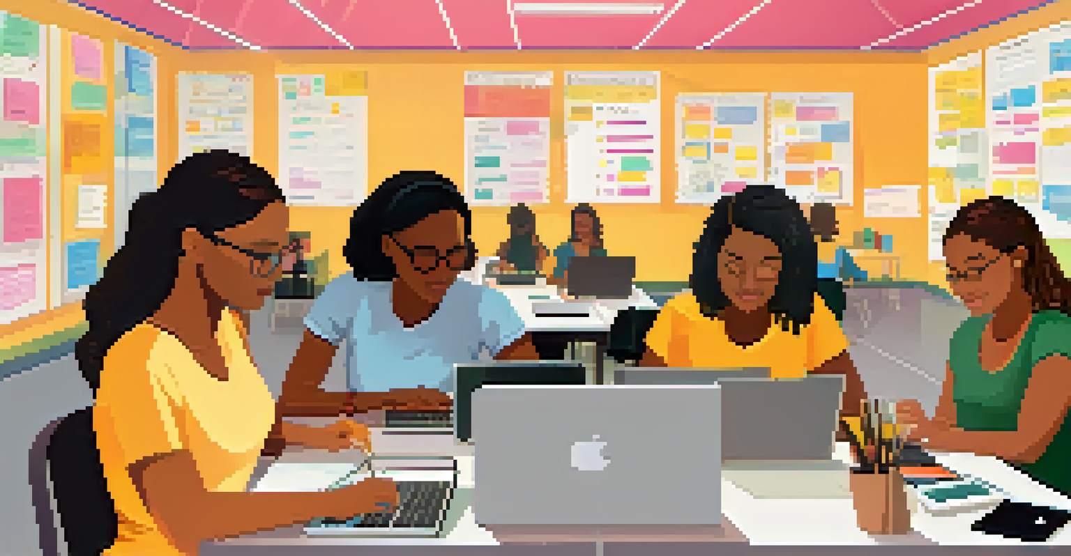 Women engaged in a coding bootcamp, collaborating on laptops in a bright classroom filled with motivational posters.