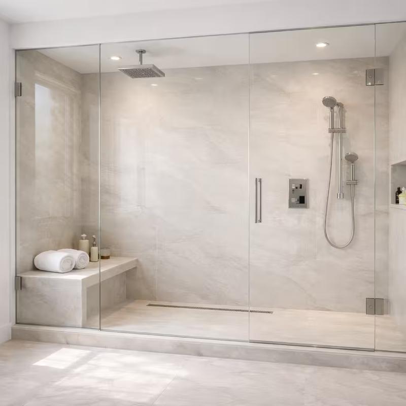 Premium master bathroom shower with large-format porcelain tiles and frameless glass in Sacramento California