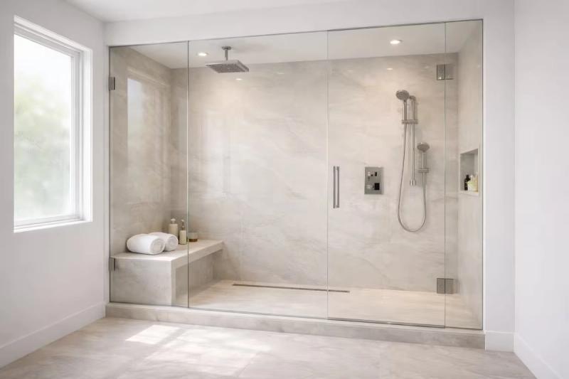 Premium master bathroom shower with large-format porcelain tiles and frameless glass in Sacramento California