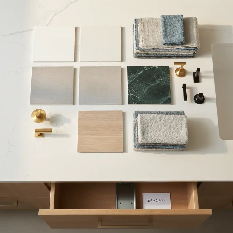 Bathroom remodel material samples including tile, hardware, and countertop options for Sacramento homeowners