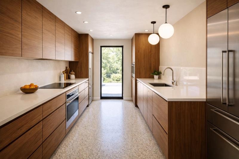 Mid-century modern kitchen remodel in Roseville CA with flat panel cabinets by Western Renovations