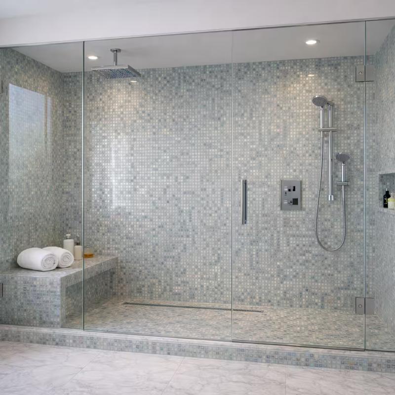 Premium master suite shower with glass mosaic tiles and frameless glass in Sacramento California