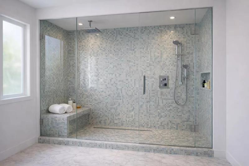 Premium master suite shower with glass mosaic tiles and frameless glass in Sacramento California