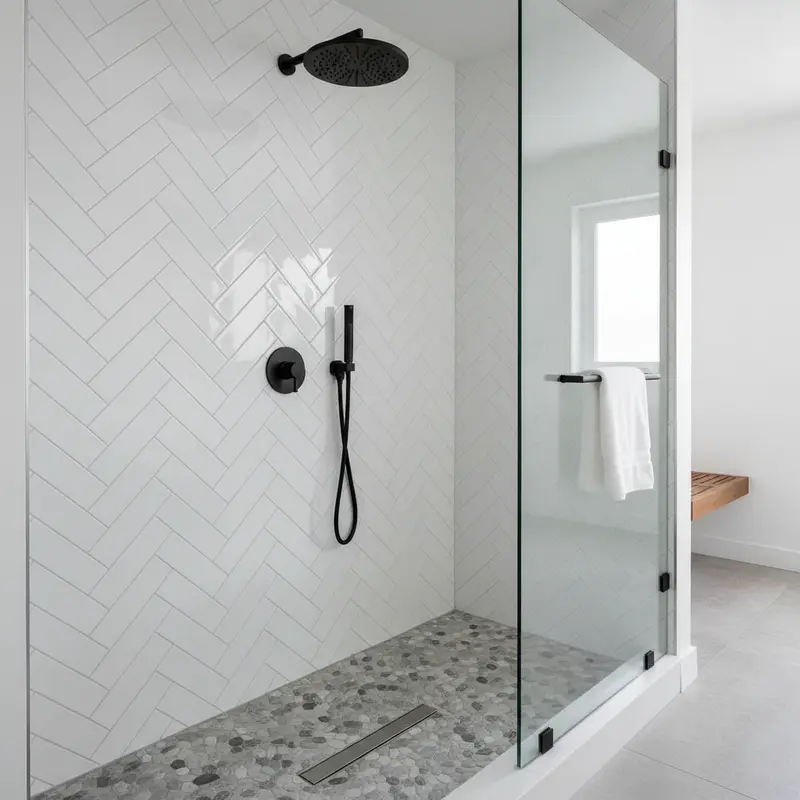 Walk-in shower with white herringbone subway tile and matte black fixtures