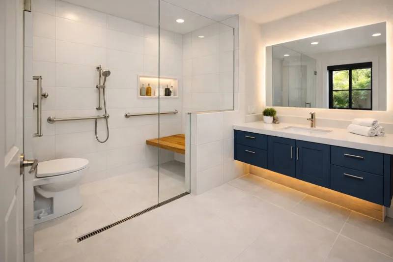 Roseville CA ADA bathroom remodel by Western Renovations featuring curbless walk-in shower and frameless glass panel