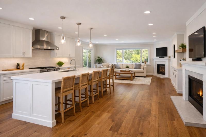 Modern kitchen transitioning into living room after whole-house remodel by Western Renovations in Roseville, California