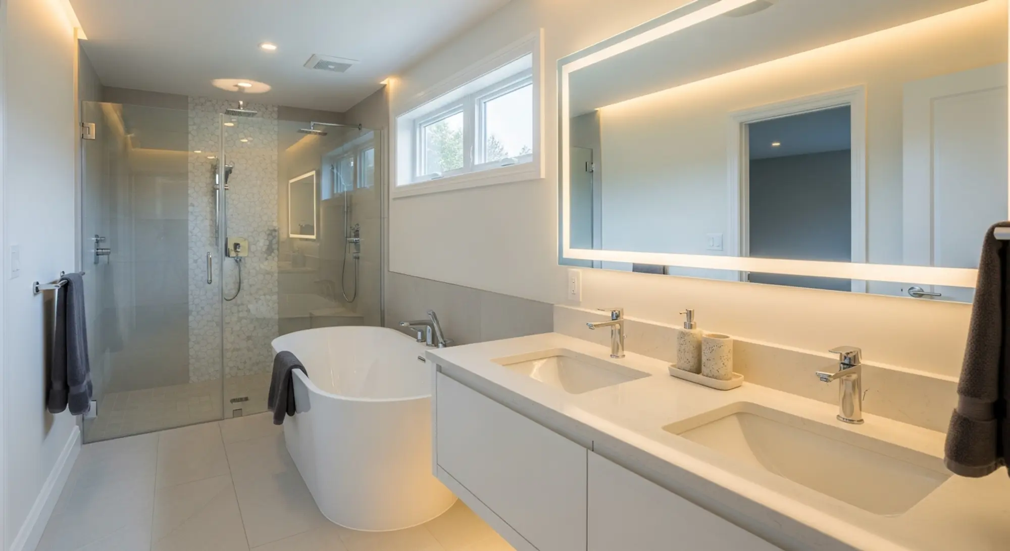 Beautifully renovated modern bathroom with freestanding tub and walk-in shower showcasing high-value bathroom remodel ideas