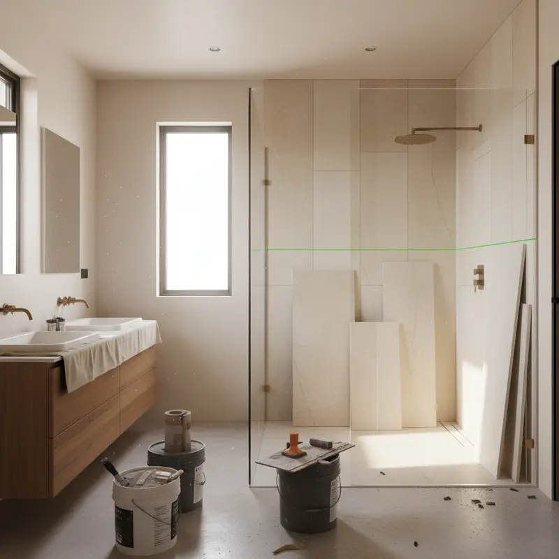 Bathroom remodel in progress showing walk-in shower tile installation in a Sacramento home