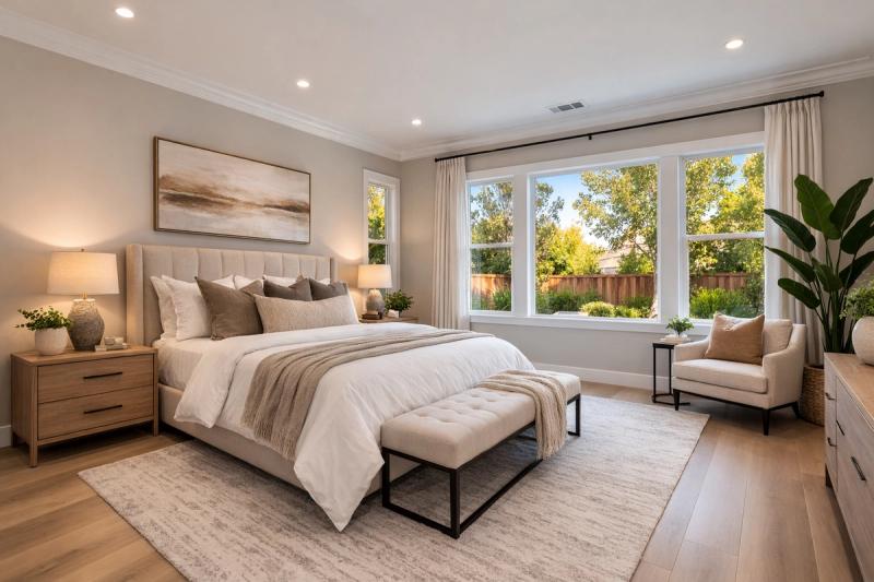 Remodeled master bedroom with hardwood floors, modern lighting, and fresh neutral paint by Western Renovations in Roseville, CA