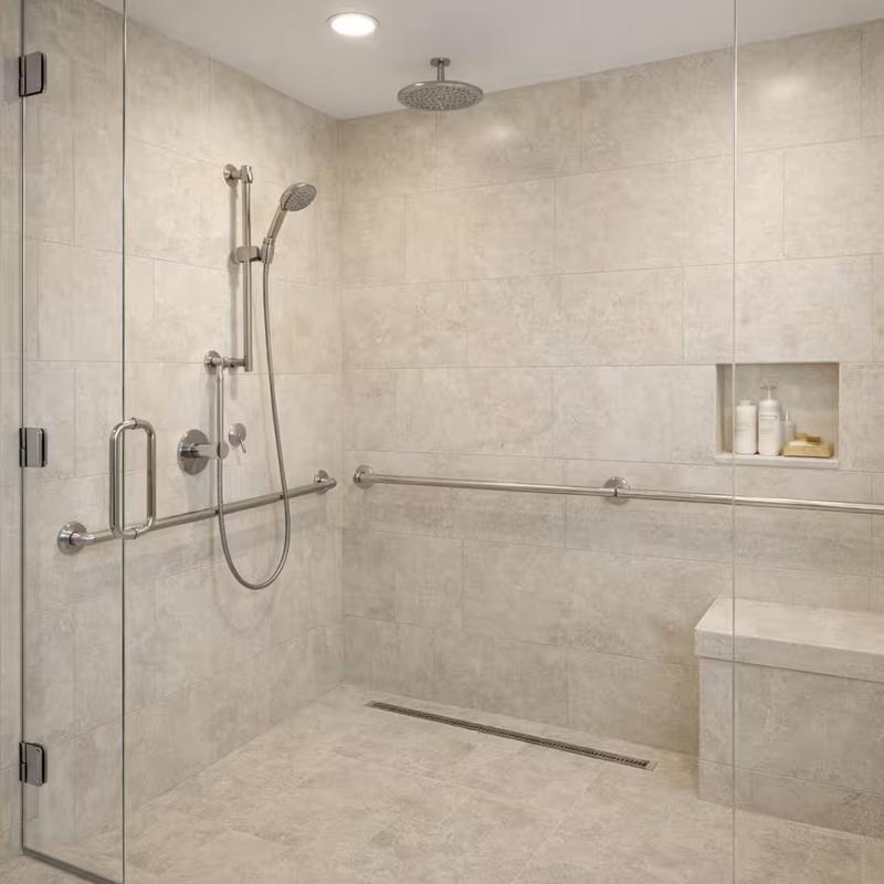 Curbless walk-in shower for accessible and aging-in-place bathroom design in Roseville, California done by western renovations